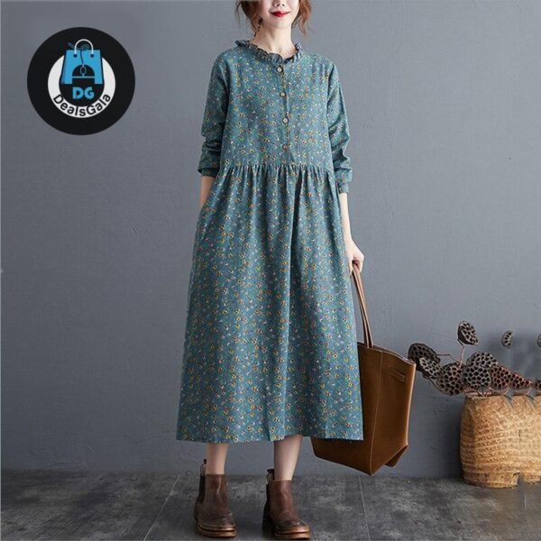 long sleeve cotton linen ruffle vintage floral dresses for women cb5feb1b7314637725a2e7: Blue|Coffee|navy blue|orange