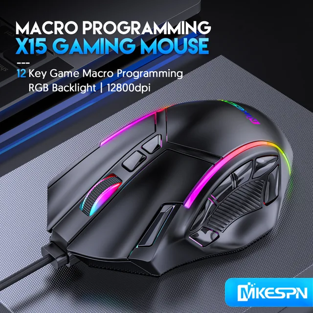 X15 Free Weight Macro Gaming Mouse 12 Programmable Keys Game Mouse RGB Light Max to 6 levels 12800DPI For pc mac gun PUBG Laptop cb5feb1b7314637725a2e7: Black